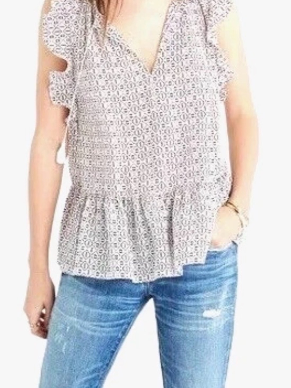 Women's Printed, Ruffle Sleeve, Silk Top